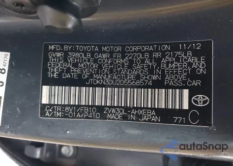 2013 Toyota Prius Two from USA, damaged, VIN JTDKN3DU2D5568574